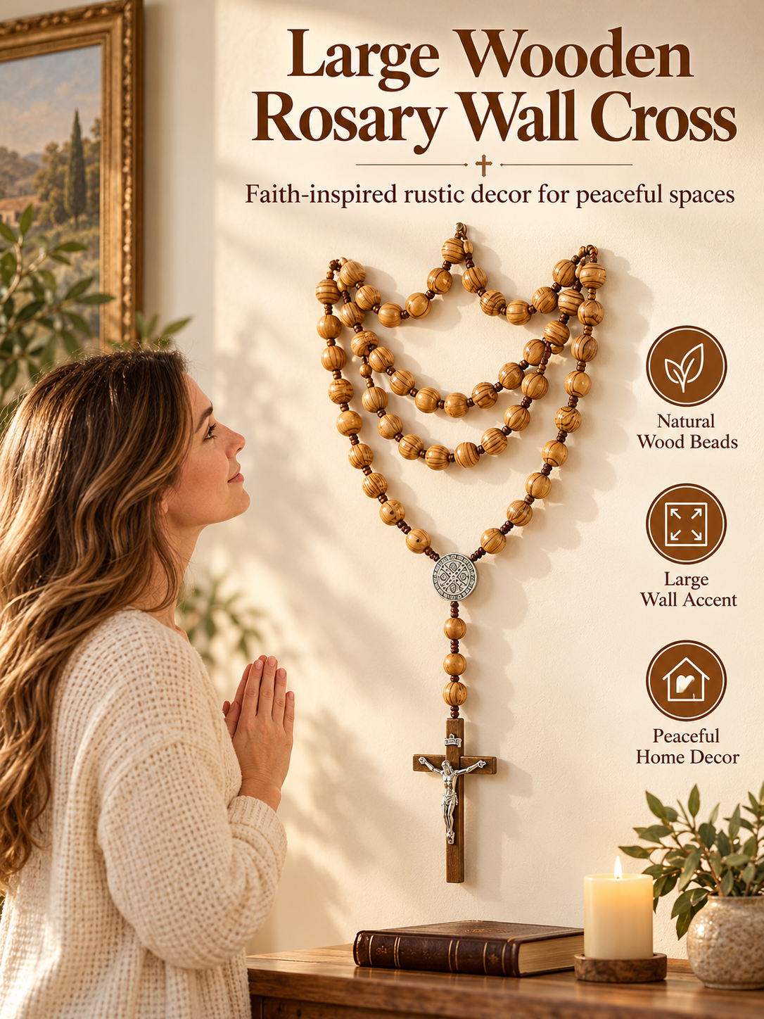 ✝️ Handcrafted Wooden Rosary Wall Cross – Large Christian Faith Decor For Home