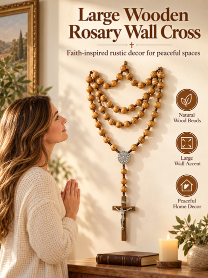 ✝️ Handcrafted Wooden Rosary Wall Cross – Large Christian Faith Decor For Home