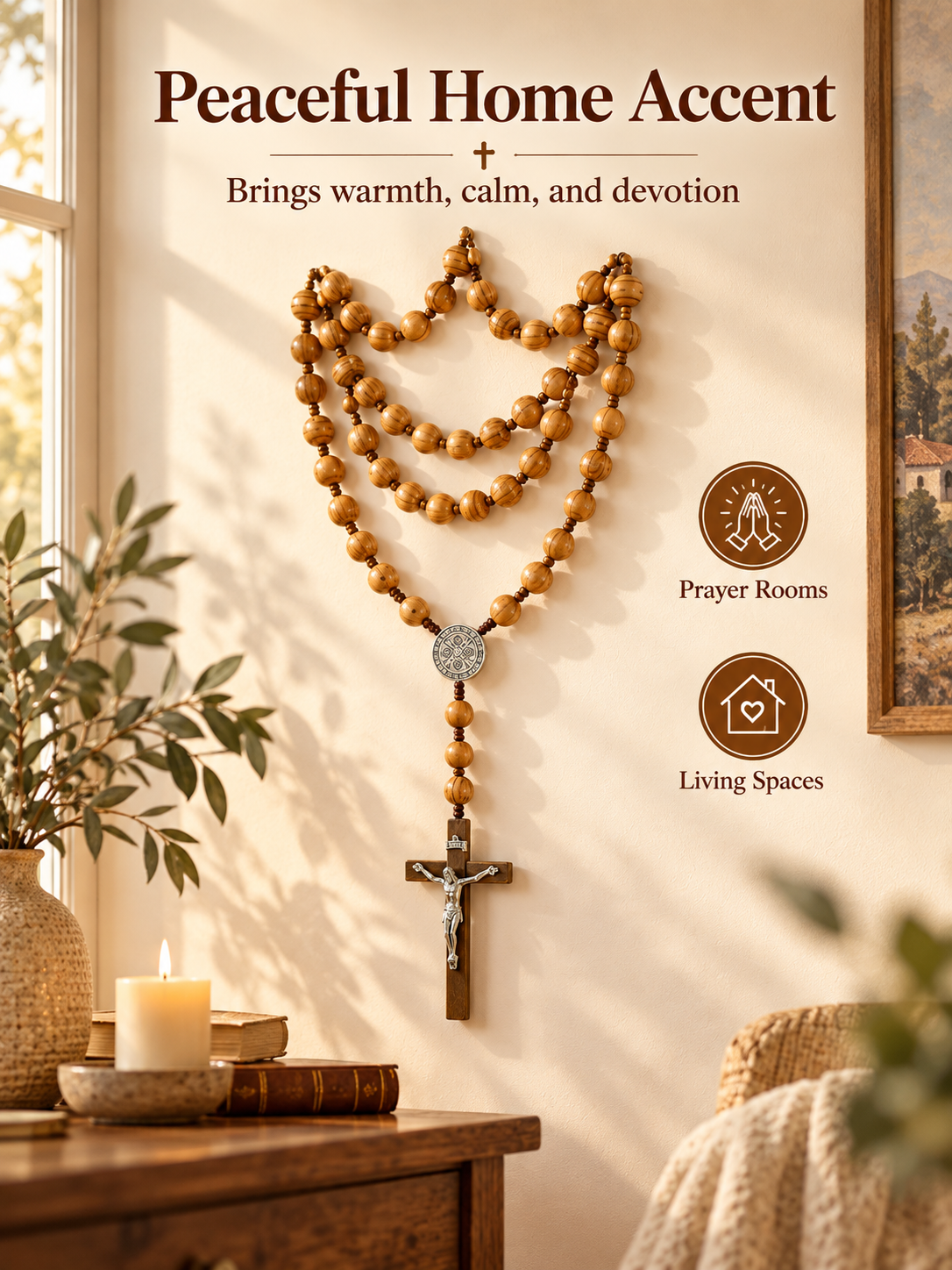 ✝️ Handcrafted Wooden Rosary Wall Cross – Large Christian Faith Decor For Home