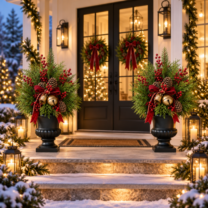 🎄 24' Pre-Lit Christmas Urn Filler 🔔 Vintage Bells & Rustic Farmhouse Charm