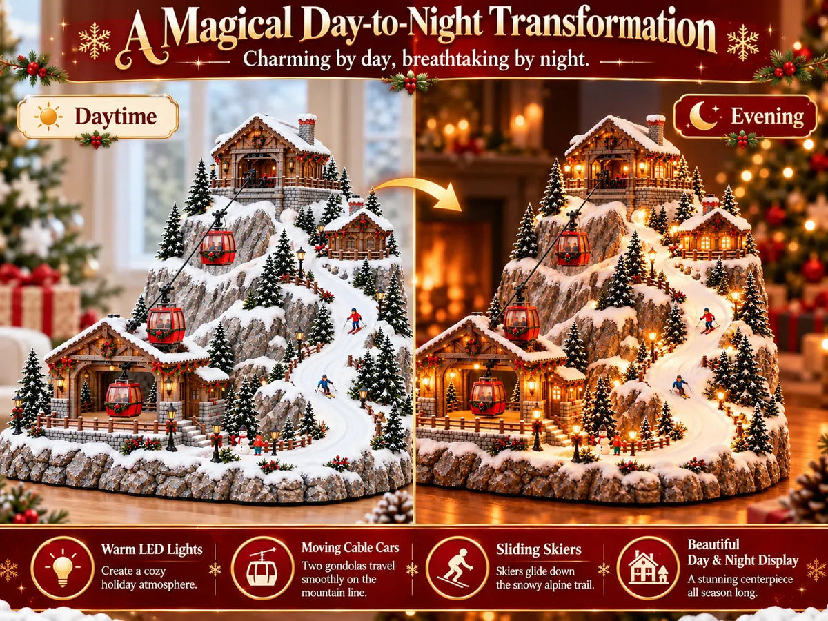 Animated ChristmasMountain Cable Car & SkiVillage Scene⛷️