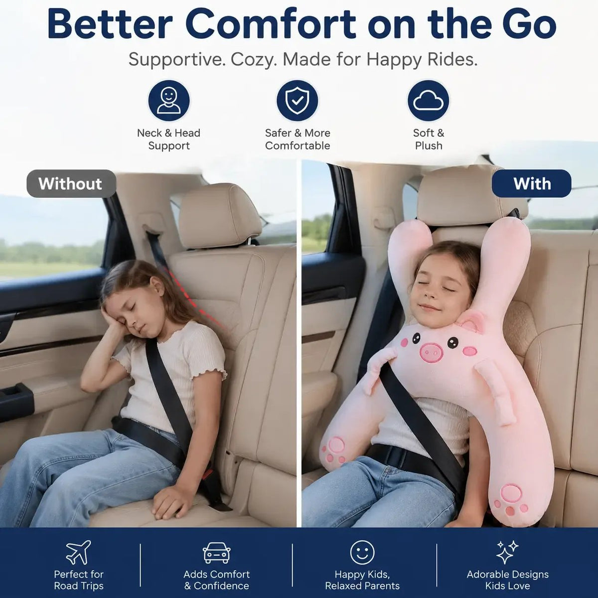 🐷Kids Car Neck Pillow - Soft Plush Pig Design, Car Seat Attachment