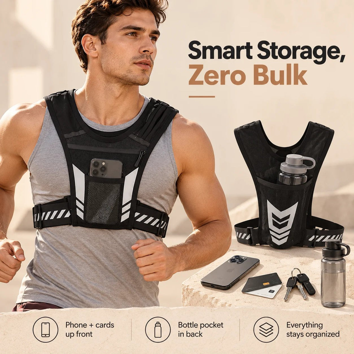 🏃 Lightweight Reflective Running Chest Vest Pack – Bounce-Free Phone Holder & Hydration Vest for Jogging & Hiking