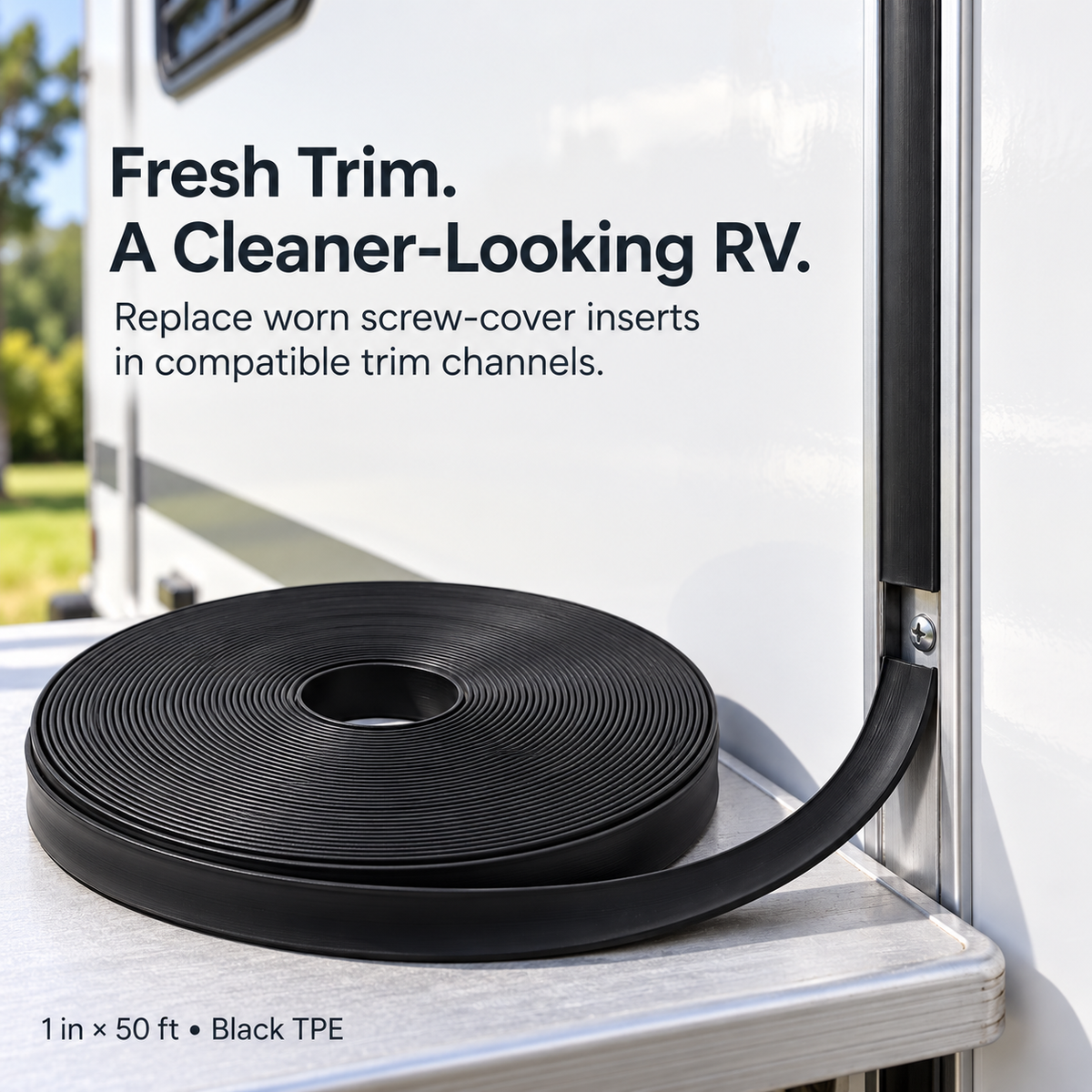 RV Trim Insert – 1″ × 50 ft Flexible TPE Screw Cover for a Fresh, Clean Finish