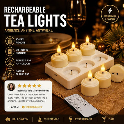 🎃✨ Rechargeable LED Tea Light Candle, 10-Key Remote Control & 80H Super Long Lasting, Flameless Flickering Candle Lamp, USB Rechargeable Ambient Light for Halloween Christmas Home Party Festival Decor