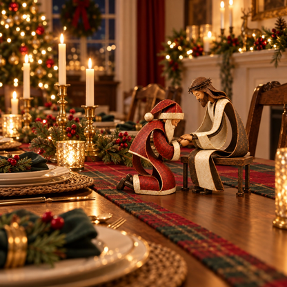 Santa Kneeling Before Jesus Christmas Figurines
