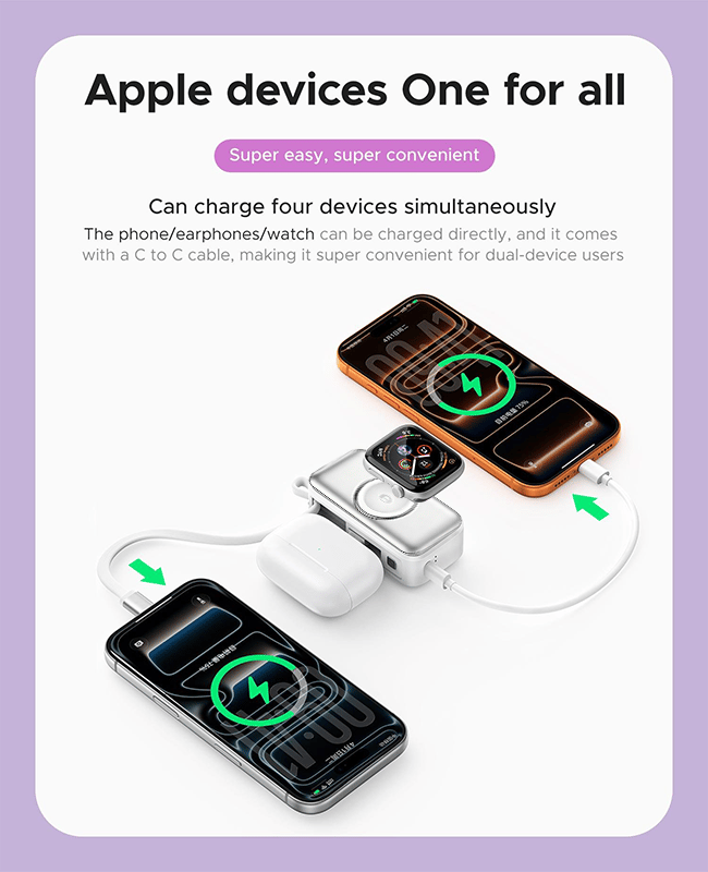 🔋 3-in-1 Power Bank – Integrated Cable & Foldable Wall Plug – Wireless Watch Charger for iPhone & Android ✈️
