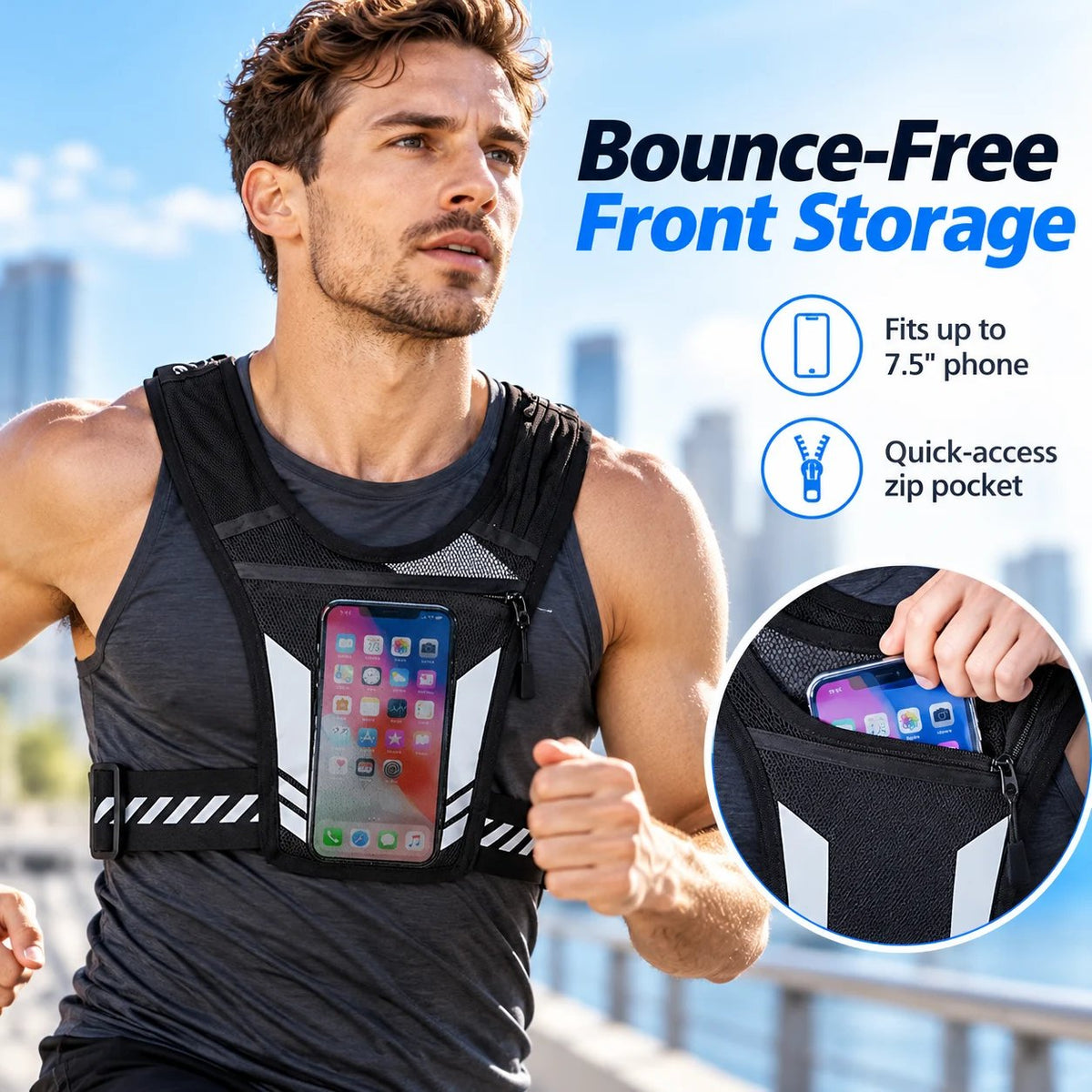 🏃 Lightweight Reflective Running Chest Vest Pack – Bounce-Free Phone Holder & Hydration Vest for Jogging & Hiking