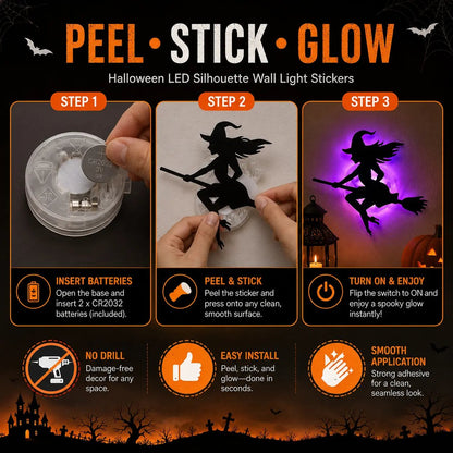 🎃8 Pack Halloween LED Silhouette Wall Light Stickers, Battery Powered Peel & Stick Decor Lights
