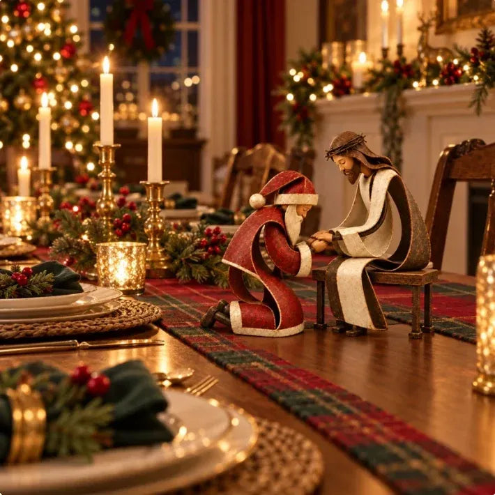 🎅✝️Santa Kneeling Before  Jesus Christmas   Figurines