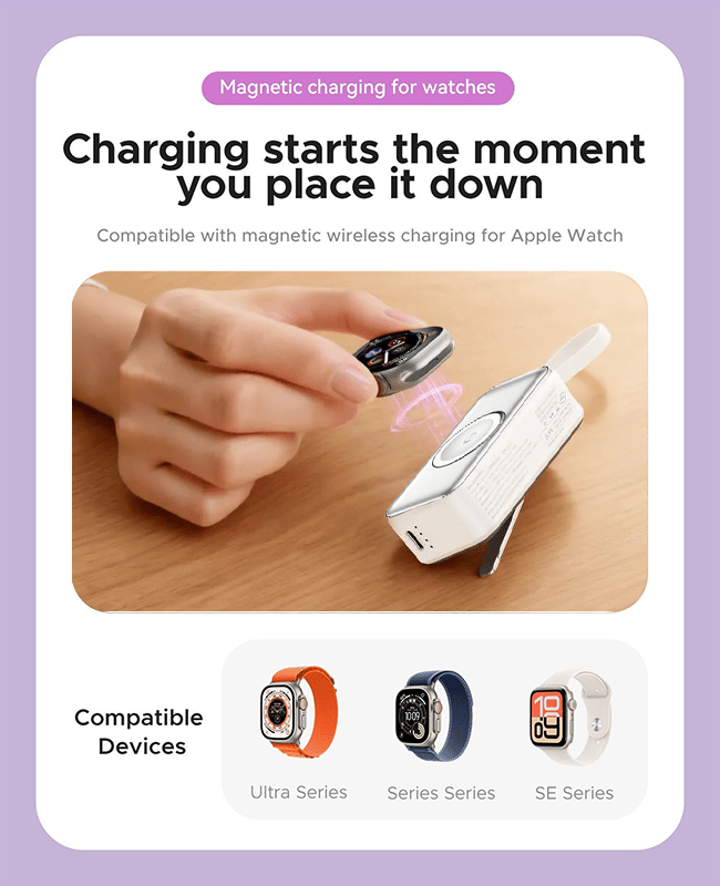 🔋 3-in-1 Power Bank – Integrated Cable & Foldable Wall Plug – Wireless Watch Charger for iPhone & Android ✈️