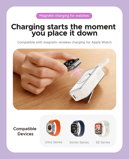 🔋 3-in-1 Power Bank – Integrated Cable & Foldable Wall Plug – Wireless Watch Charger for iPhone & Android ✈️