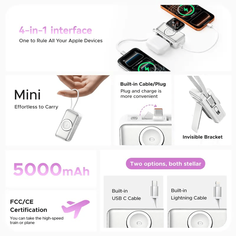 🔋 3-in-1 Power Bank – Integrated Cable & Foldable Wall Plug – Wireless Watch Charger for iPhone & Android ✈️