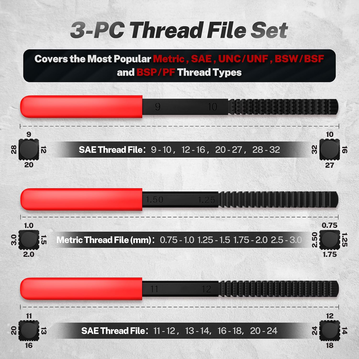 🎉🔩 3Pcs SAE & Metric Thread Repair File Set