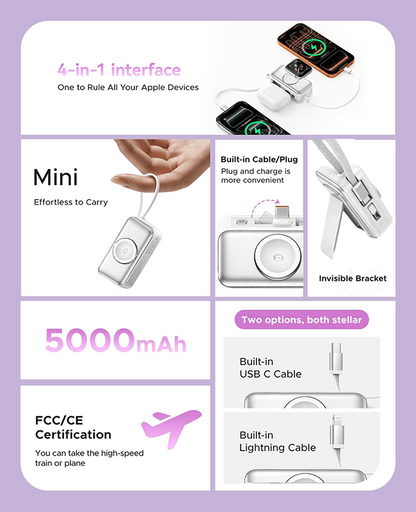 🔋 3-in-1 Power Bank – Integrated Cable & Foldable Wall Plug – Wireless Watch Charger for iPhone & Android ✈️
