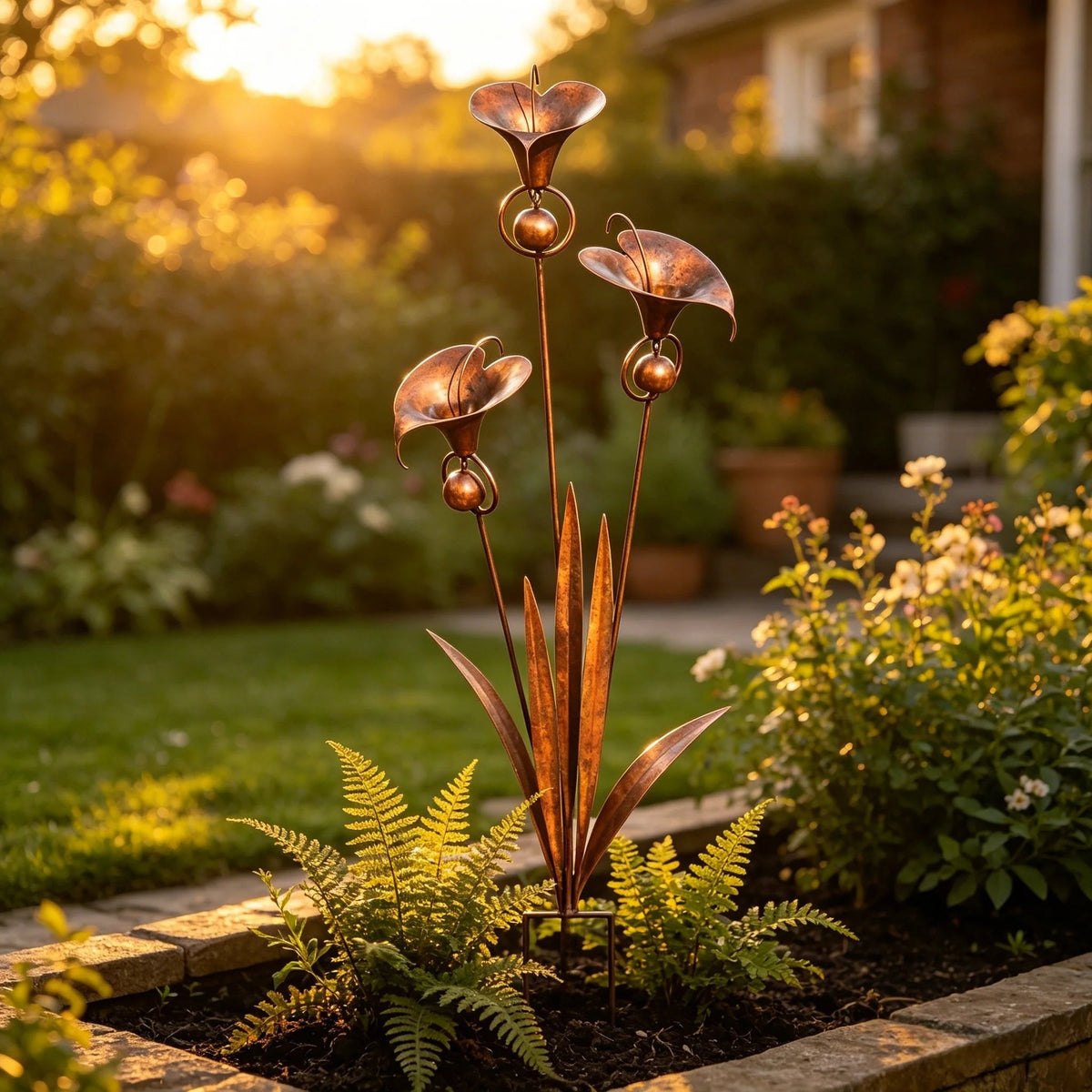 🏡Flamed Copper Three Calla Lilies Garden Stake with Bells