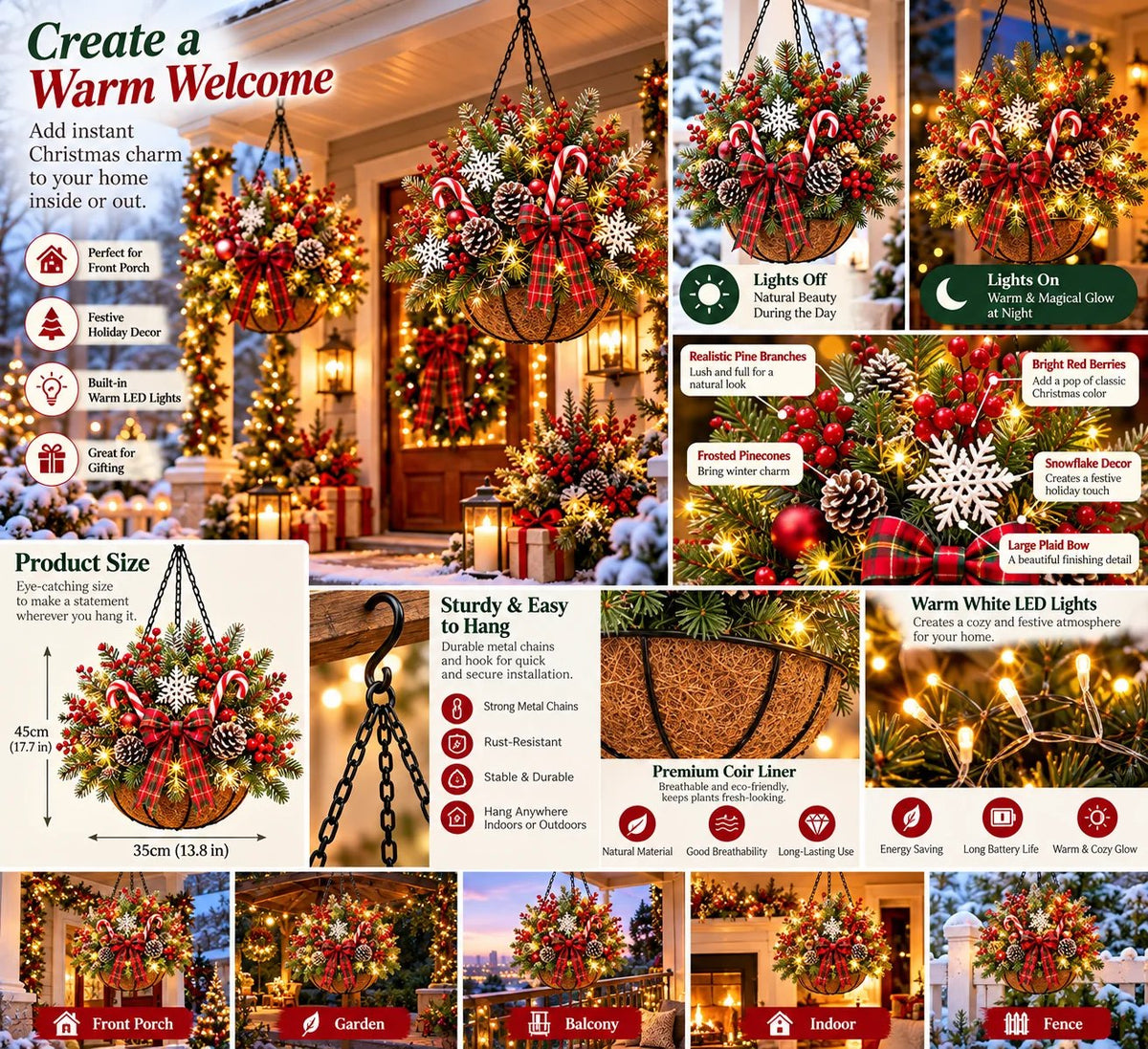 🎄 Last Day 50% OFF 🏆 Pre-Lit Christmas Hanging Basket | Pre-lit, weather-resistant, and zero maintenance