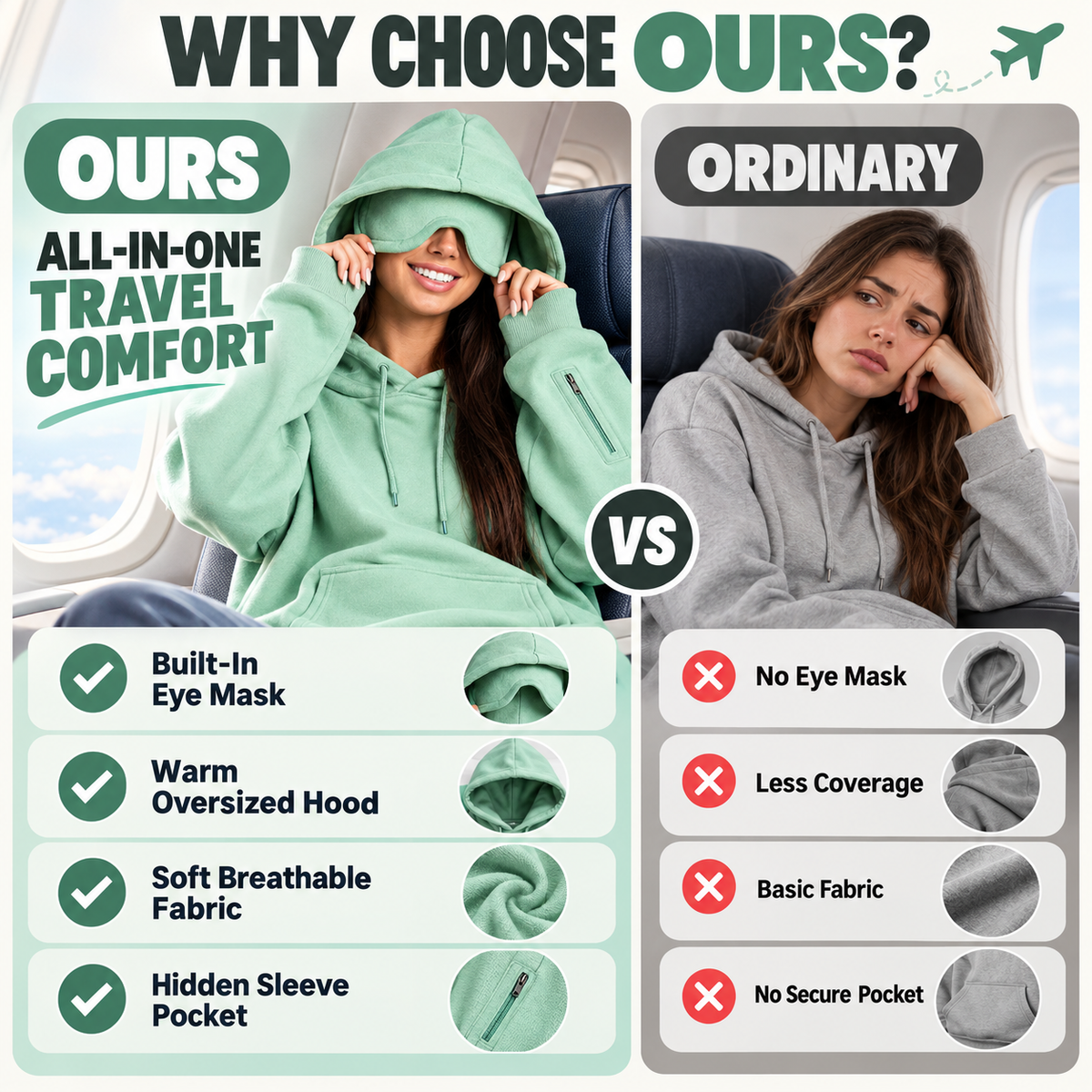 🌙 Travel Sweatshirt Hoodie with Built-in Sleep Mask