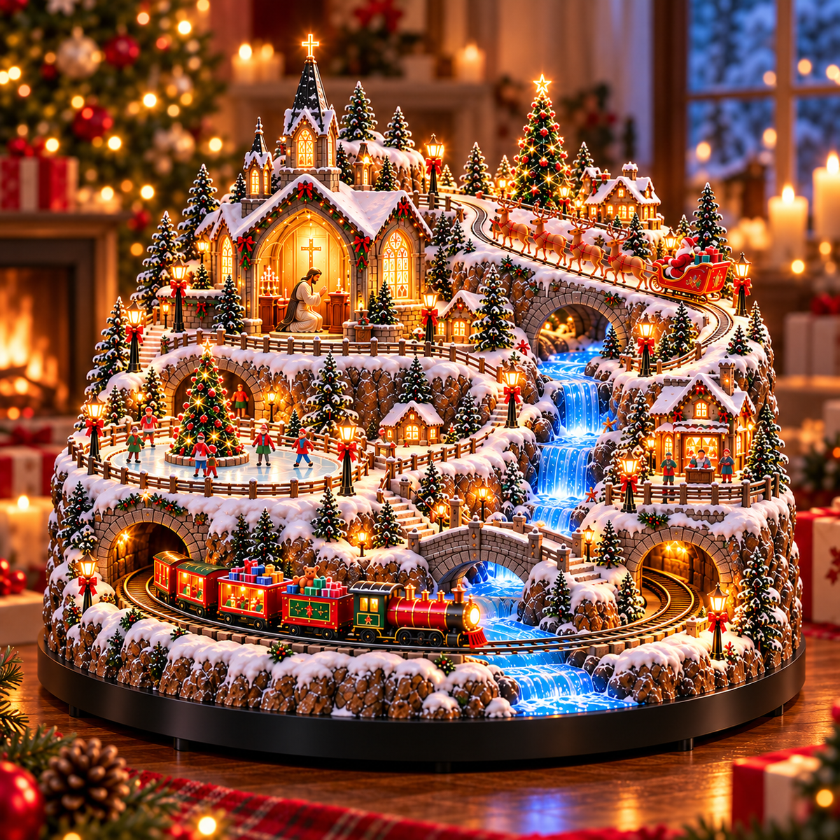 🎄 Magical Christmas Village ✨ Animated Train, Reindeer Sleigh & Glowing Waterfall Display 🎅