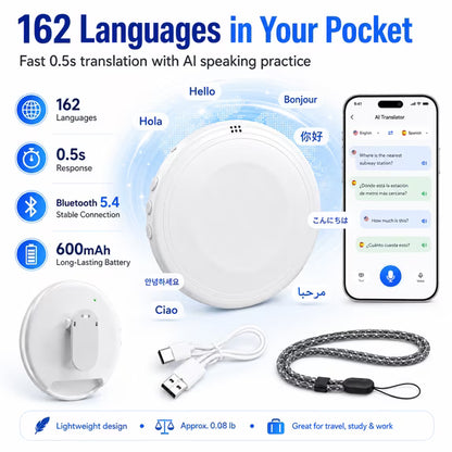 Portable Wireless Bluetooth AI Language Translator Pen - Hands-Free Spanish & English Practice Companion, 162-Language Support, Accent Adaptation for Restaurant Scenarios, Electronic Learning Smart Tutor