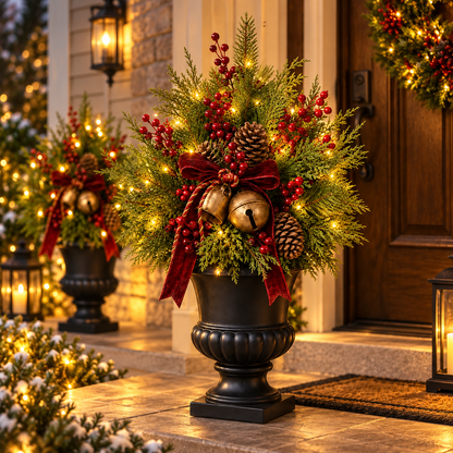 🎄 24' Pre-Lit Christmas Urn Filler 🔔 Vintage Bells & Rustic Farmhouse Charm