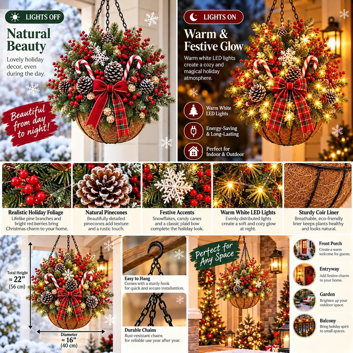 🎄 Last Day 50% OFF 🏆 Pre-Lit Christmas Hanging Basket | Pre-lit, weather-resistant, and zero maintenance