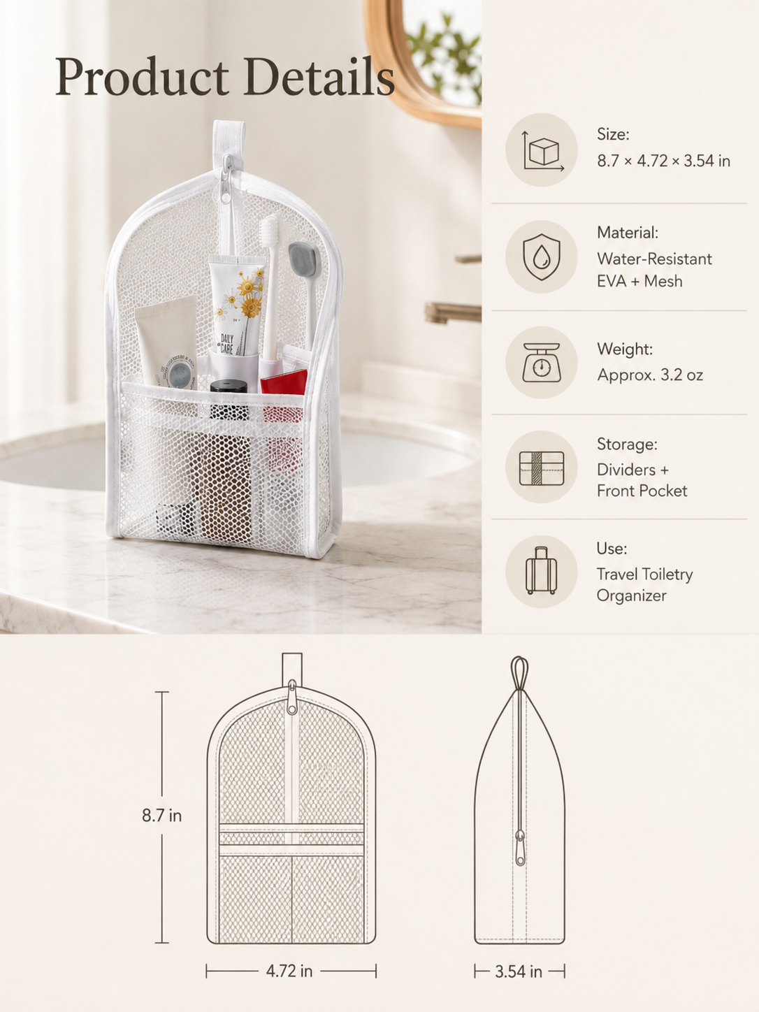Self Standing Travel Toiletry Pouch