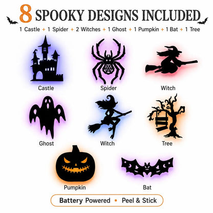 🎃8 Pack Halloween LED Silhouette Wall Light Stickers, Battery Powered Peel & Stick Decor Lights