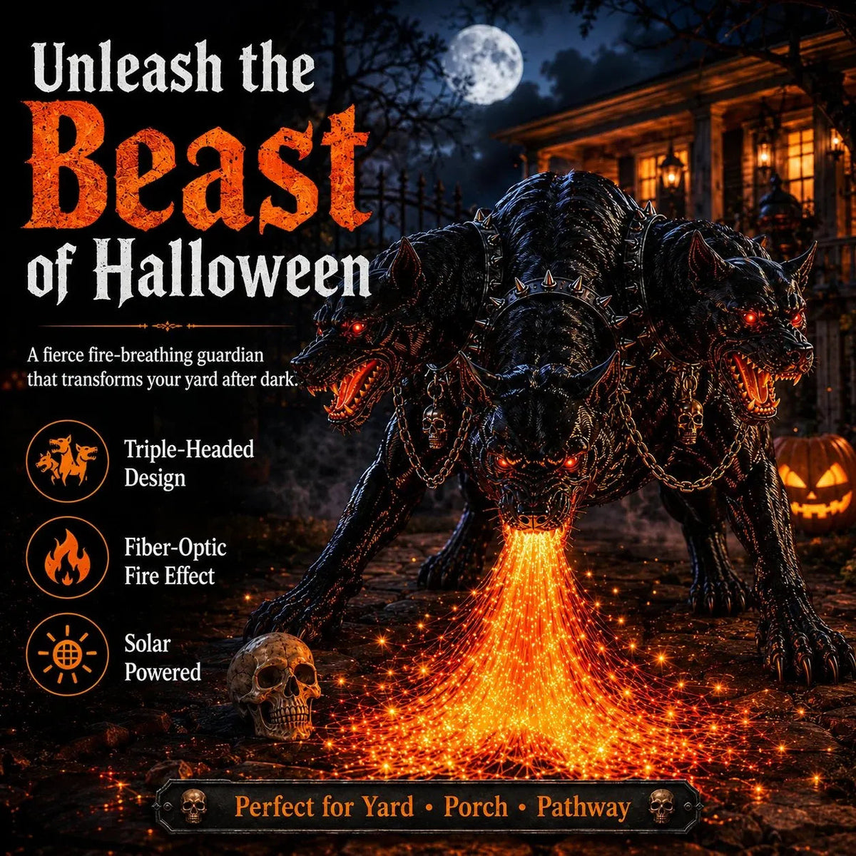 🔥 3-Headed Hellhound Halloween Light – Solar Fire-Breathing Yard Monster