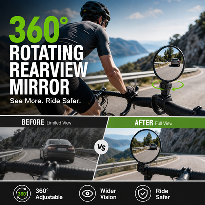 360° rotating rearview mirror for a clear view without needing to turn your head. Suitable for bicycles, e-bikes, and motorcycles. Tool-free silicone straps!