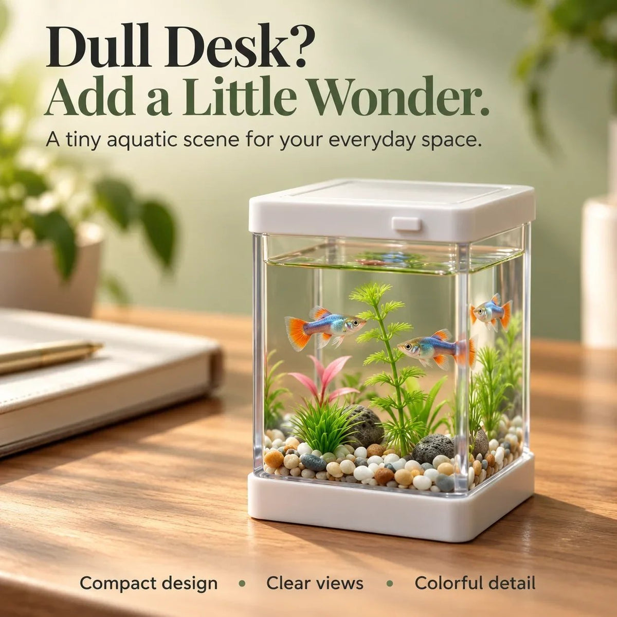 🐠🌿 Mini Desktop Aquarium Display – Clear-Sided Fish Scene with Decorative Plants, Pebble Details & Removable Top | Cozy Desk Decor ✨
