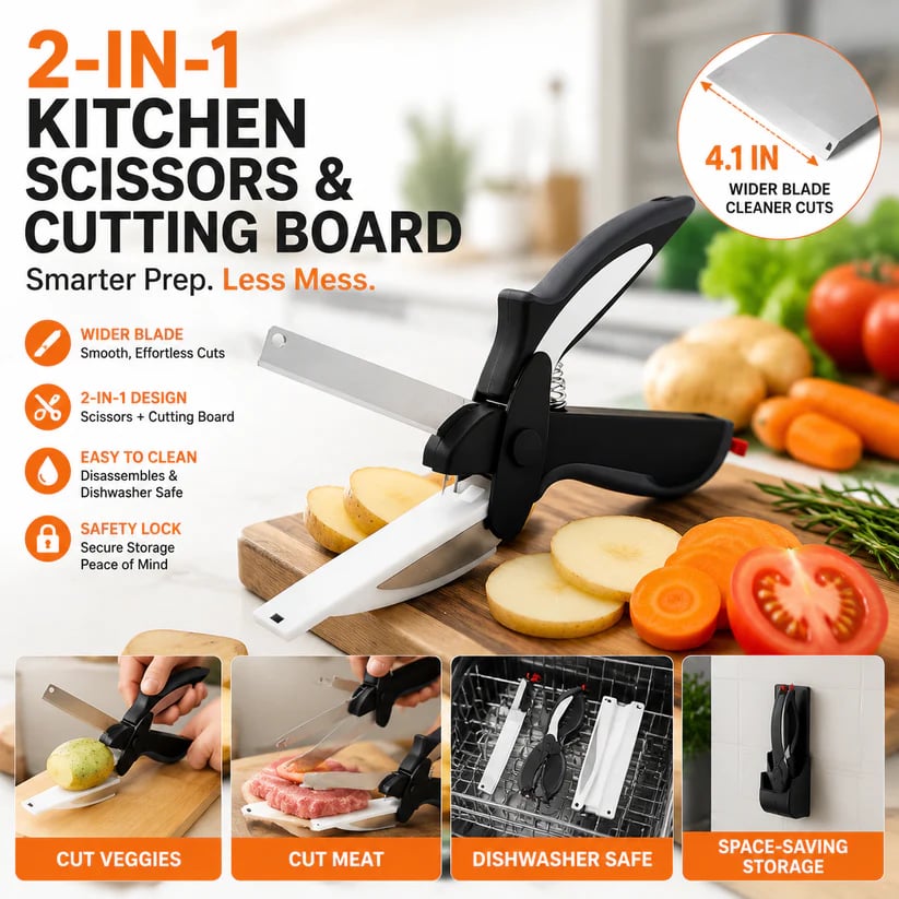 2-in-1 Kitchen Scissors with Cutting Board – Stainless Steel Food Cutter