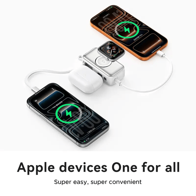 🔋 3-in-1 Power Bank – Integrated Cable & Foldable Wall Plug – Wireless Watch Charger for iPhone & Android ✈️