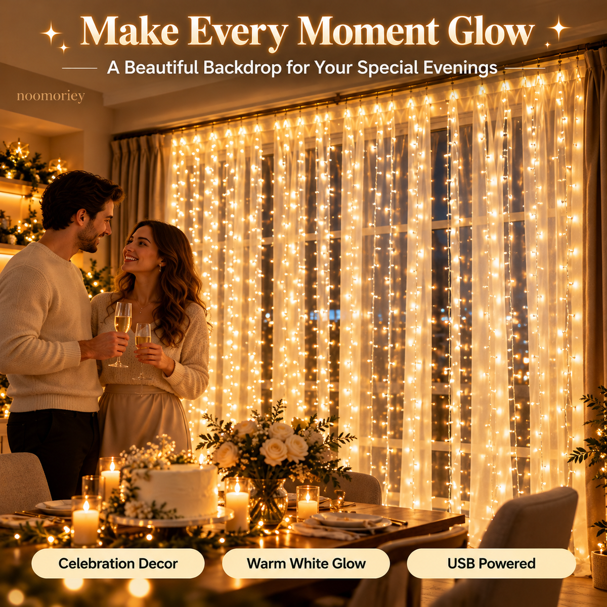 🎄 Christmas Curtain Lights – Warm White LED Window Lights with Remote Control