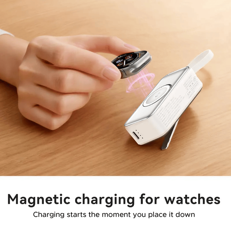 🔋 3-in-1 Power Bank – Integrated Cable & Foldable Wall Plug – Wireless Watch Charger for iPhone & Android ✈️