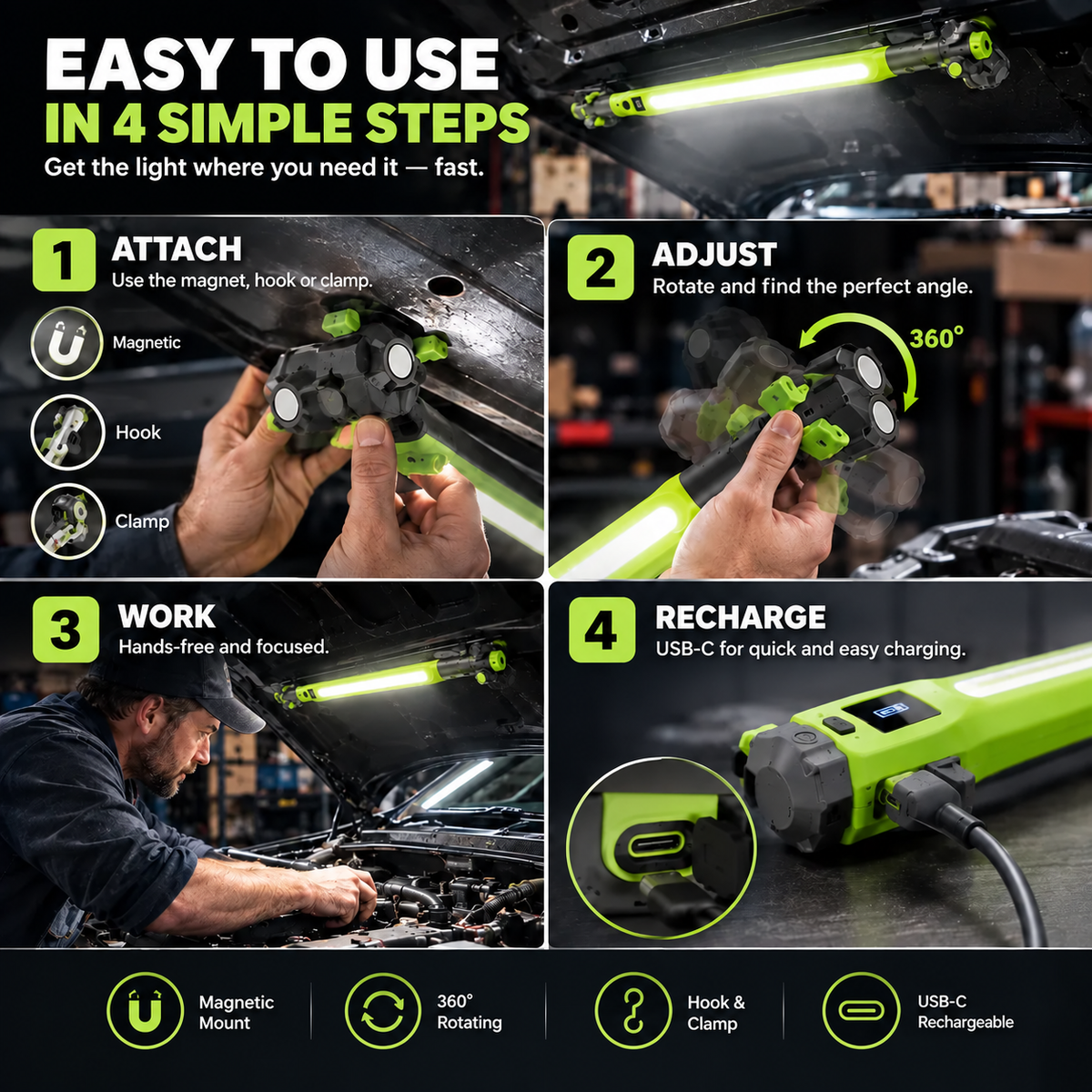 🔦 Rechargeable  Work Light | Magnetic 360° Garage Repair Lamp