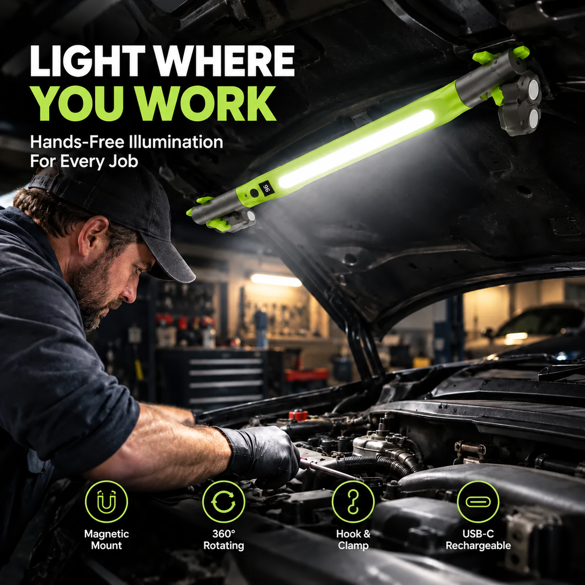 🔦 Rechargeable  Work Light | Magnetic 360° Garage Repair Lamp