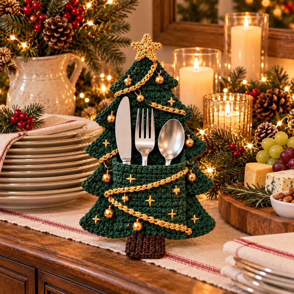 Crochet Christmas Tree Cutlery Holder Pattern Set - 4 Designs