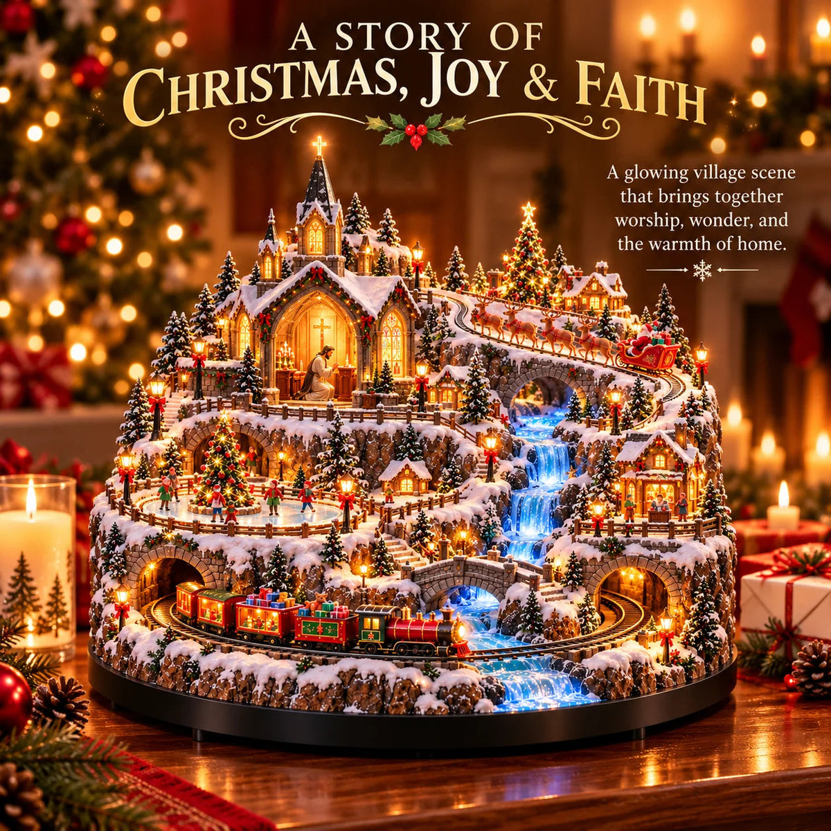 🔥 LAST DAY 49% OFF 🔥 Lighted Animated Christmas Village with Train, Reindeer Sleigh & Waterfall ✨