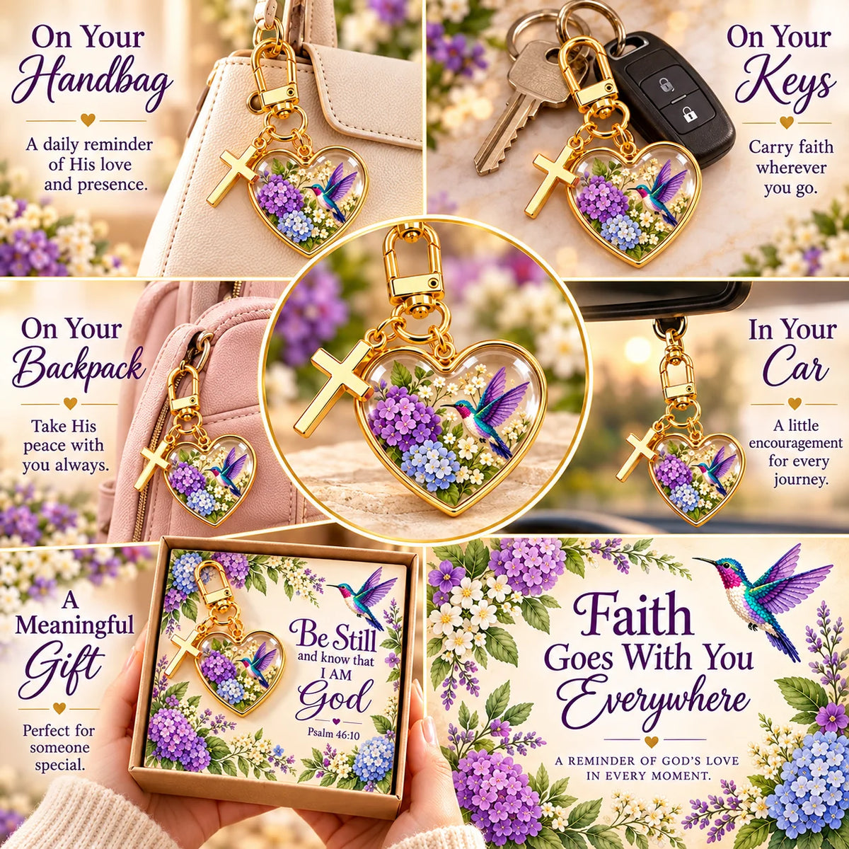 💜✝️ Be Still & Know That I Am God Hummingbird Faith Keychain — Psalm 46:10