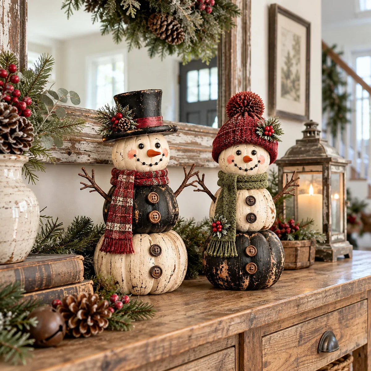 🎃 Vintage Pumpkin Snowman Duo – Whimsical Seasonal Decor with Nostalgic Charm ⛄