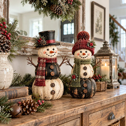 🎃 Vintage Pumpkin Snowman Duo – Whimsical Seasonal Decor with Nostalgic Charm ⛄