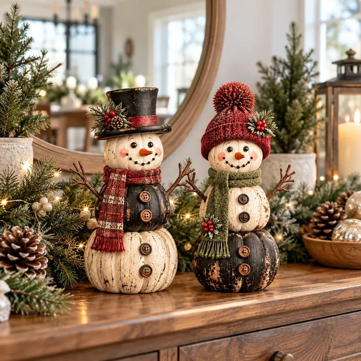 🎃 Vintage Pumpkin Snowman Duo – Whimsical Seasonal Decor with Nostalgic Charm ⛄