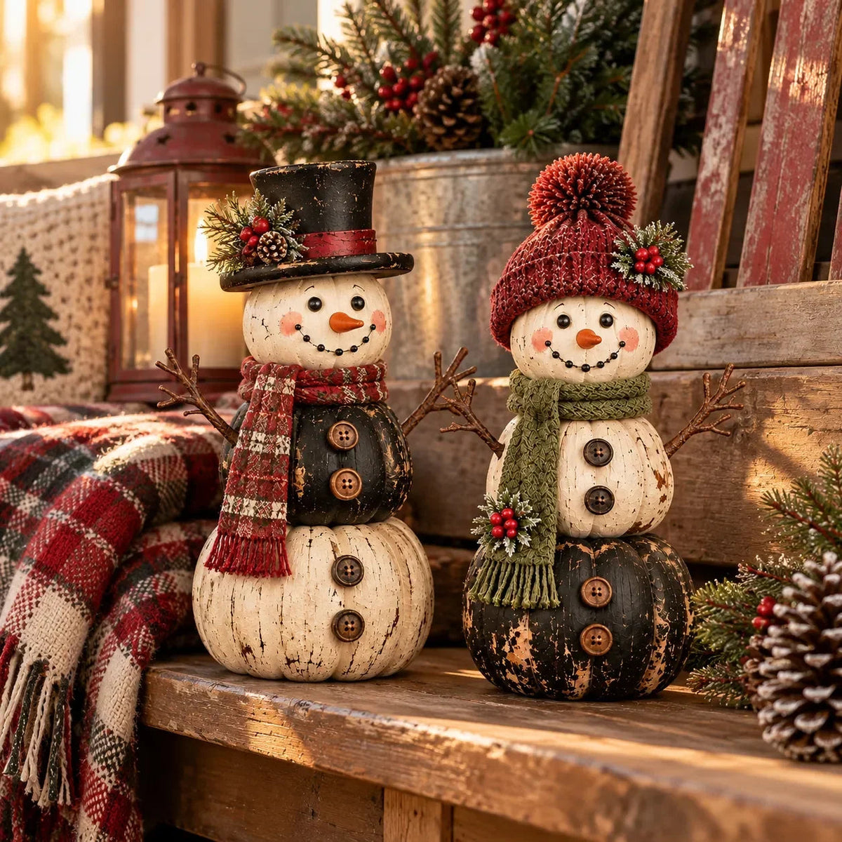 🎃 Vintage Pumpkin Snowman Duo – Whimsical Seasonal Decor with Nostalgic Charm ⛄