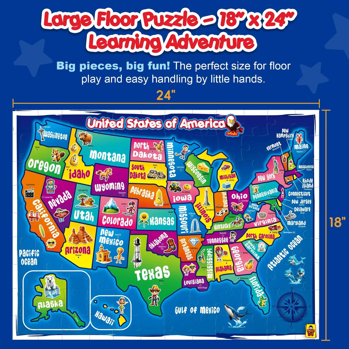 🧩103 Piece USA Map Puzzle for Kids Ages 4-8 - 18x24 Large Floor Puzzle