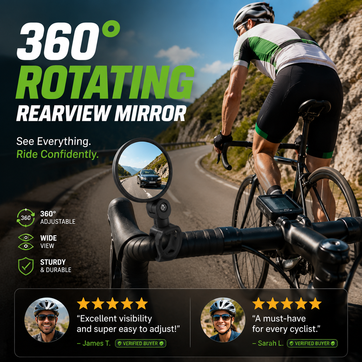 360° rotating rearview mirror for a clear view without needing to turn your head. Suitable for bicycles, e-bikes, and motorcycles. Tool-free silicone straps!