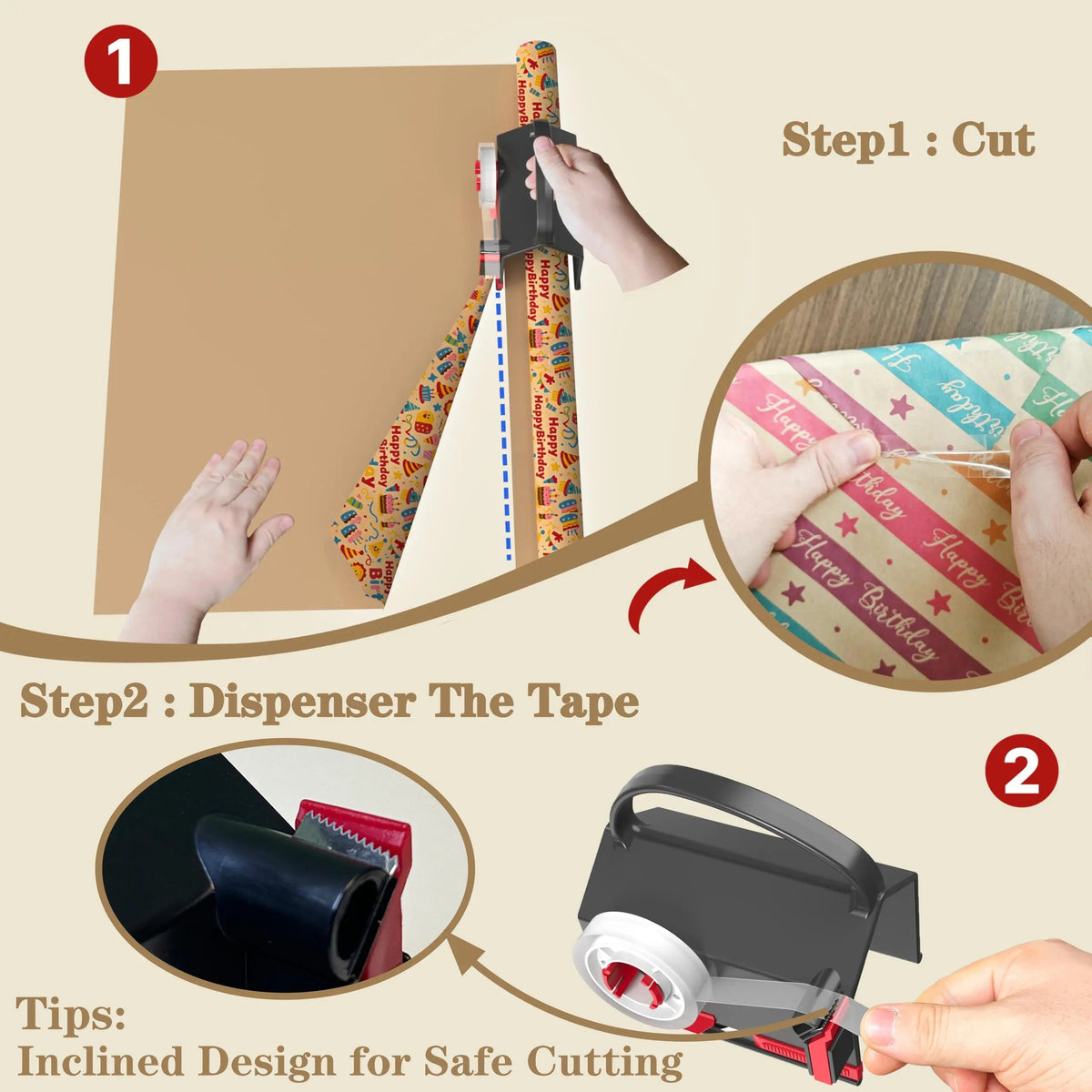2-Pack Dual-Use Wrapping Paper Cutter & Tape Dispenser Kit