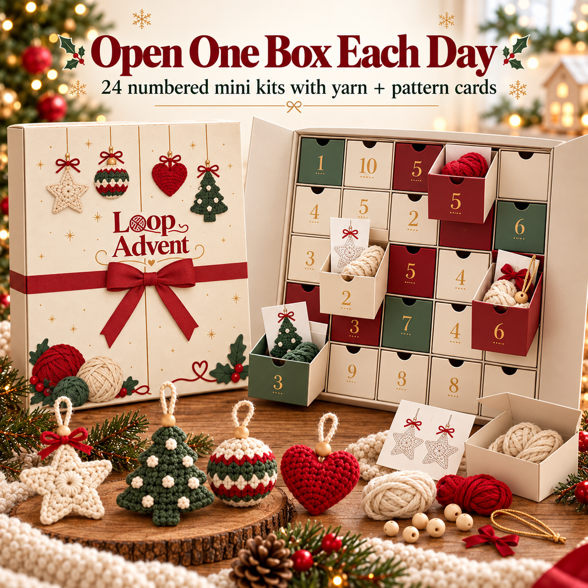 🎄 24-Day Crochet Christmas Advent Calendar – 24 Surprise DIY Ornament Kits to Make & Hang 🧶