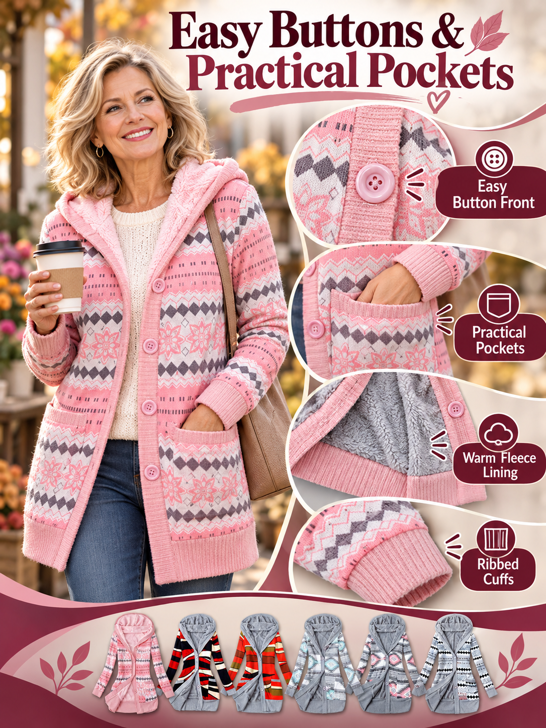 🧥 Women’s Hooded Coat – Thick Knit Printed Jacket, Button-Up Plus Size Mid-Length Outerwear
