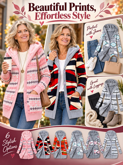 🧥 Women’s Hooded Coat – Thick Knit Printed Jacket, Button-Up Plus Size Mid-Length Outerwear